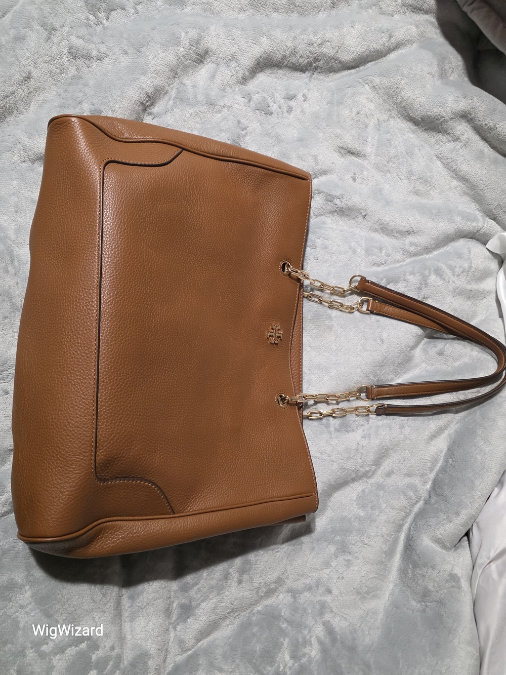 Tory Burch Rich Brown Pebbled Leather Tote Bag with Gold Chain Straps